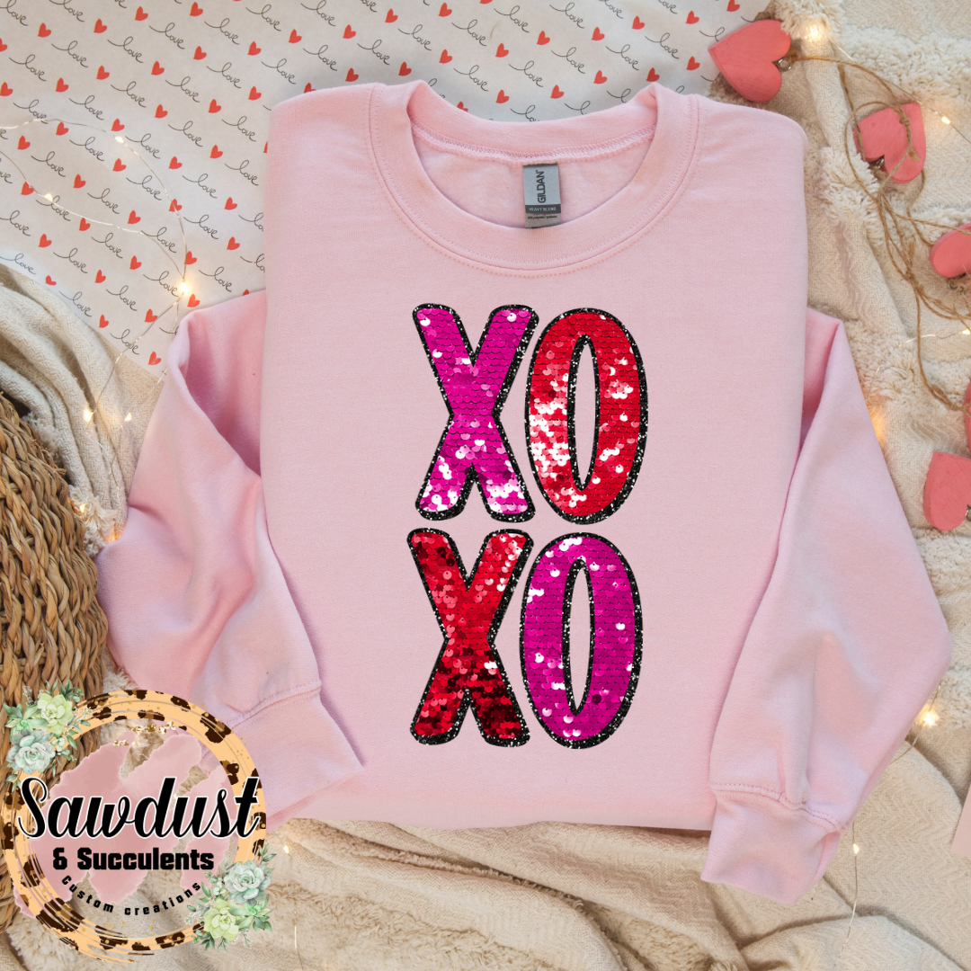 FAUX Sequins XOXO Valentines Graphic Crew Sweater