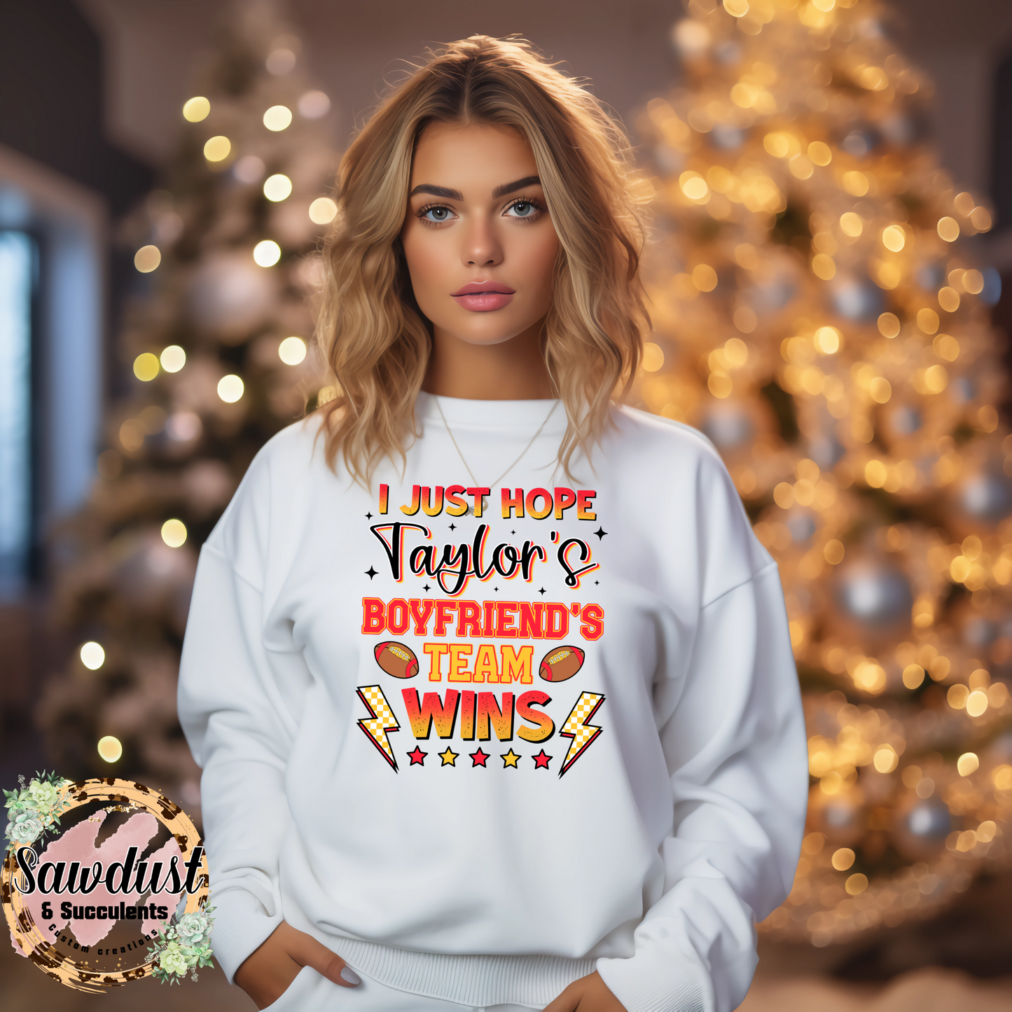 I just hope Taylor‘s boyfriend’s team wins graphic crew sweater