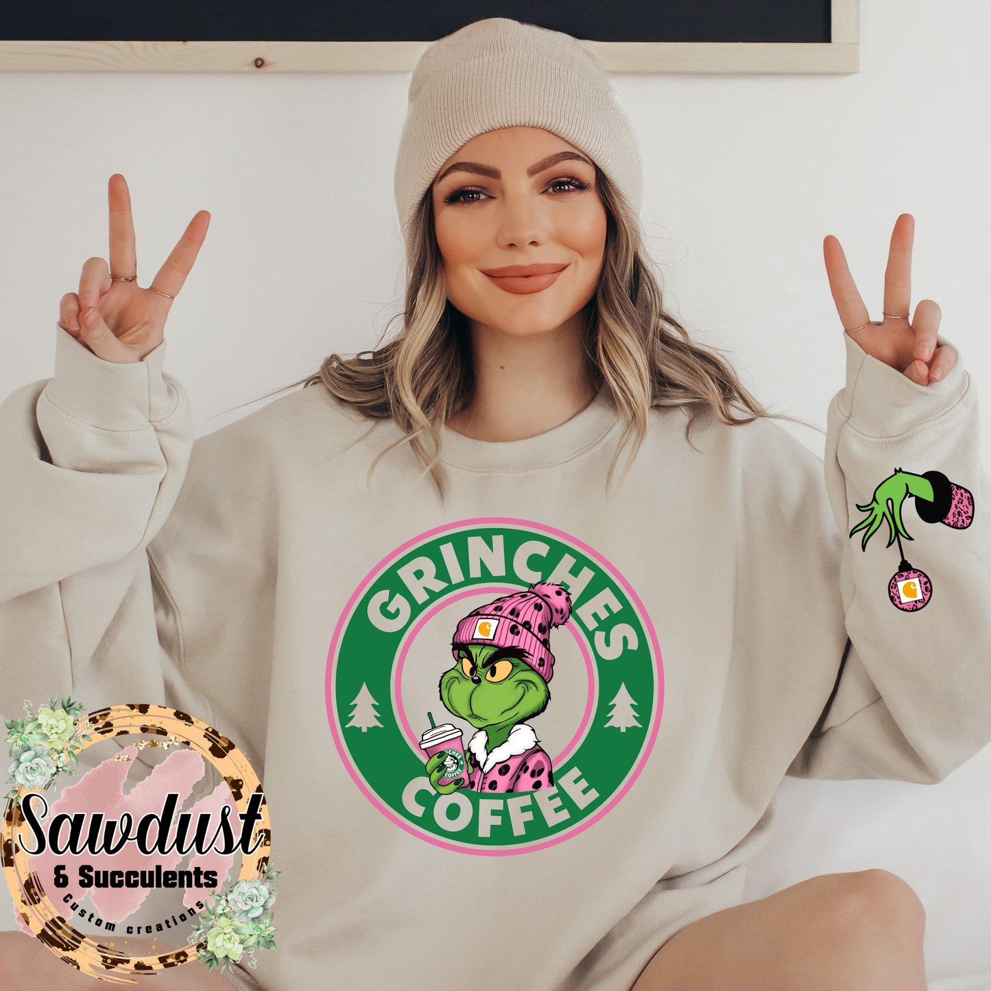 Grinch Beanie Pink Leopard GC Graphic Crew Sweater With matching Sleeve