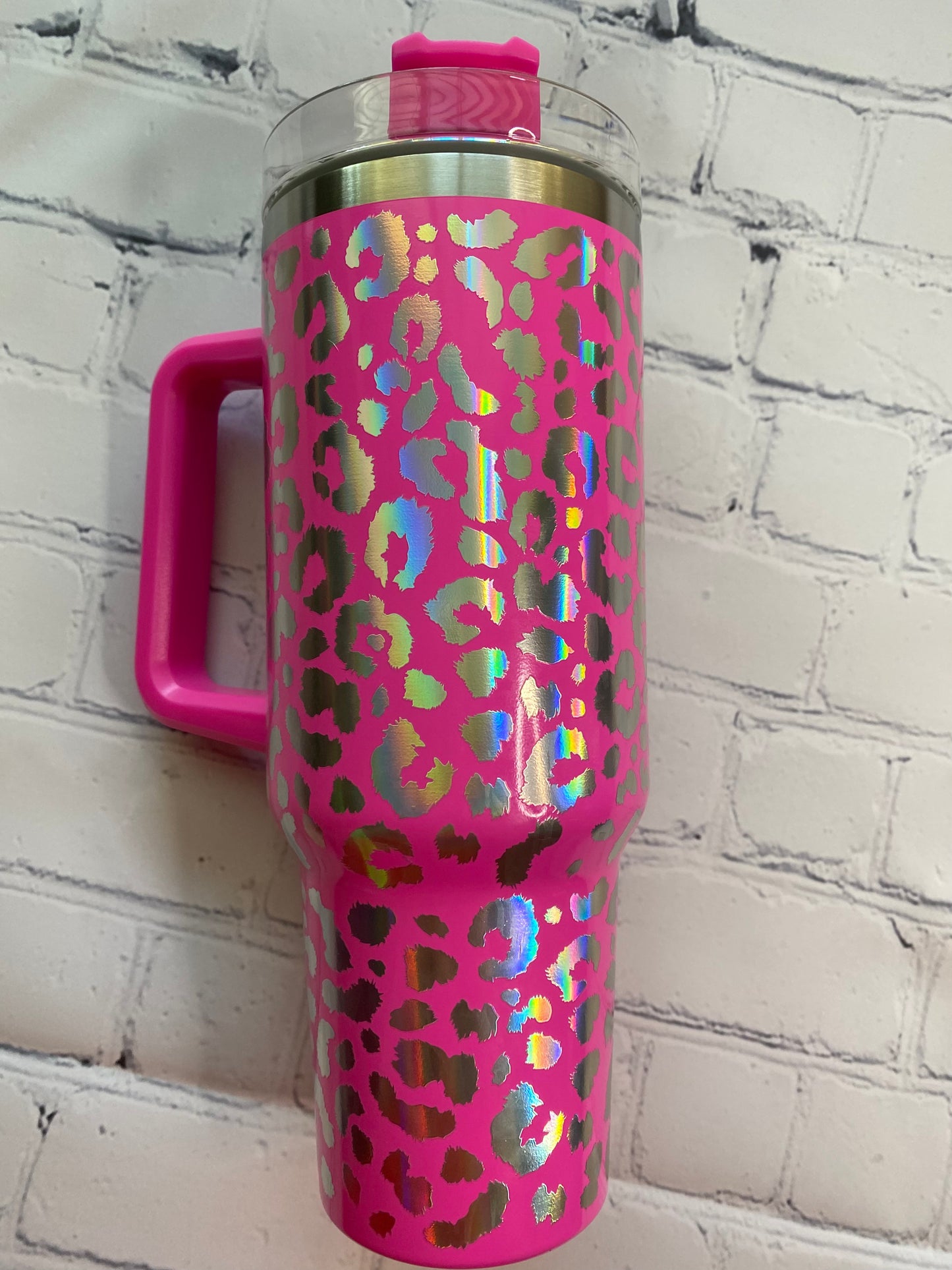 Leopard holographic 40 ounce Tumblr with handle