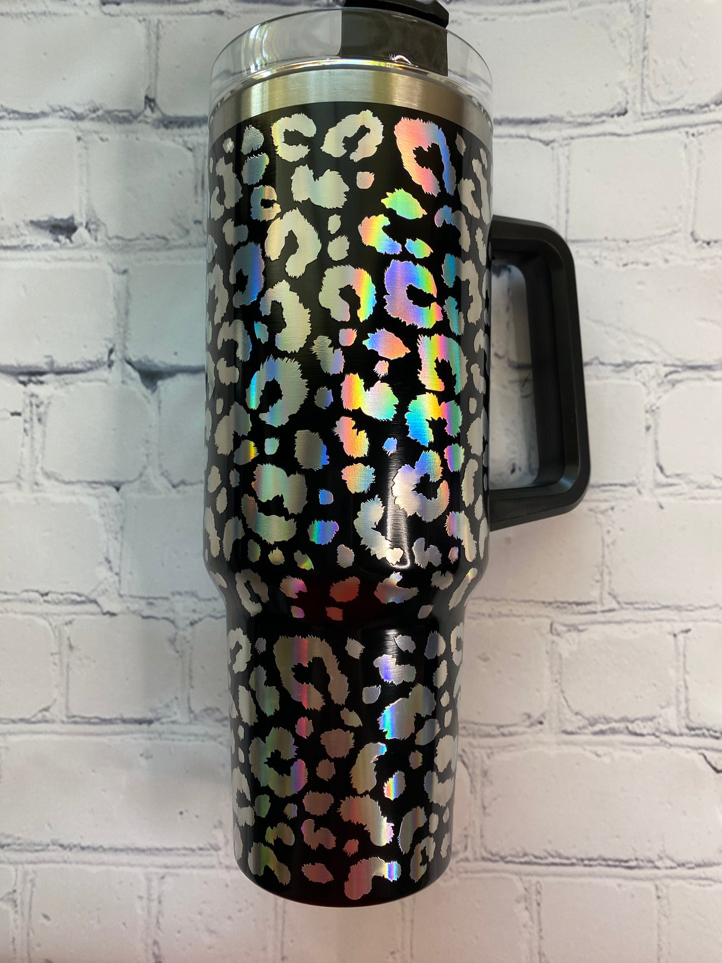 Leopard holographic 40 ounce Tumblr with handle