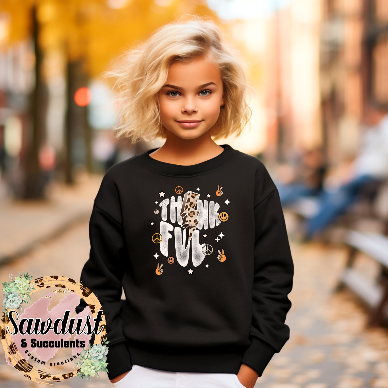Retro Leopard Thankful Youth Graphic Crew Sweater