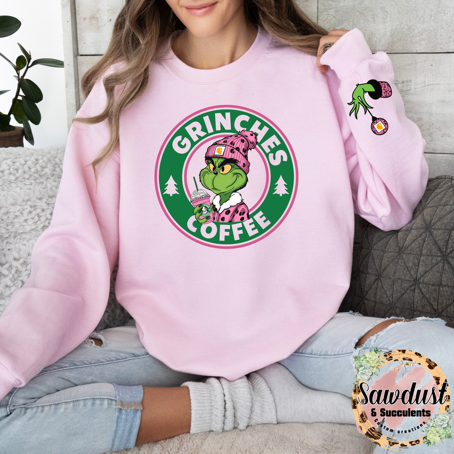 Grinch Beanie Pink Leopard GC Graphic Crew Sweater With matching Sleeve