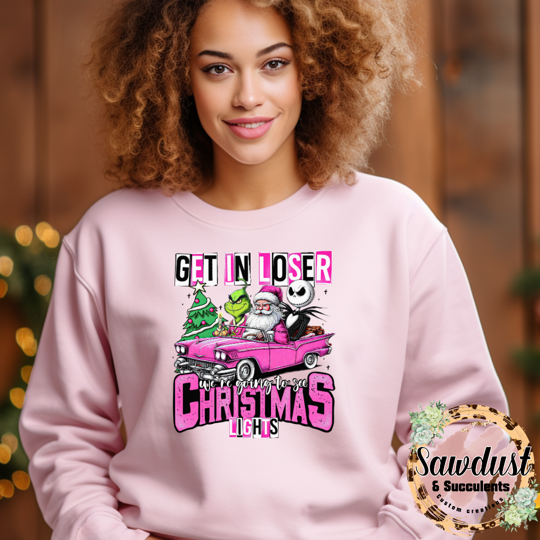 Get in loser we’re going to see Christmas Lights Pink Tie-Dye Graphic Crew Sweater