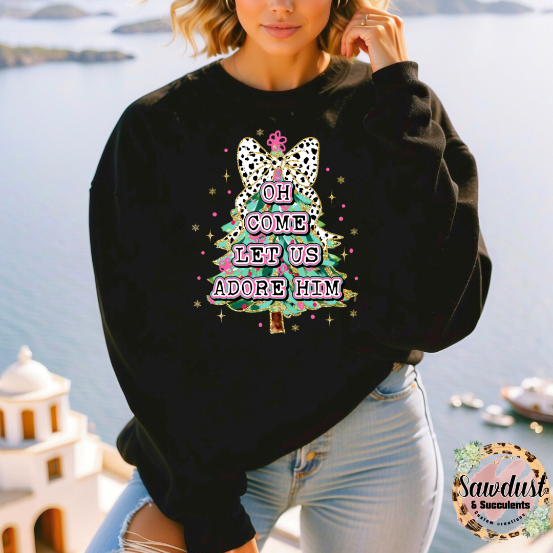 Oh Come let us adore him coquette tree Graphic Crew Sweater