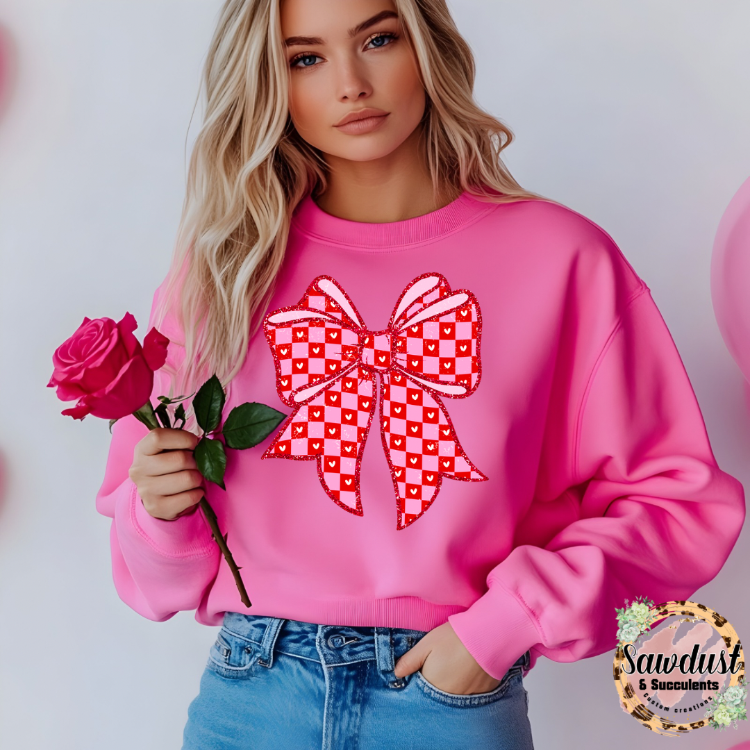 FAUX glitter coquette Valentine’s bow Graphic Crew Sweater