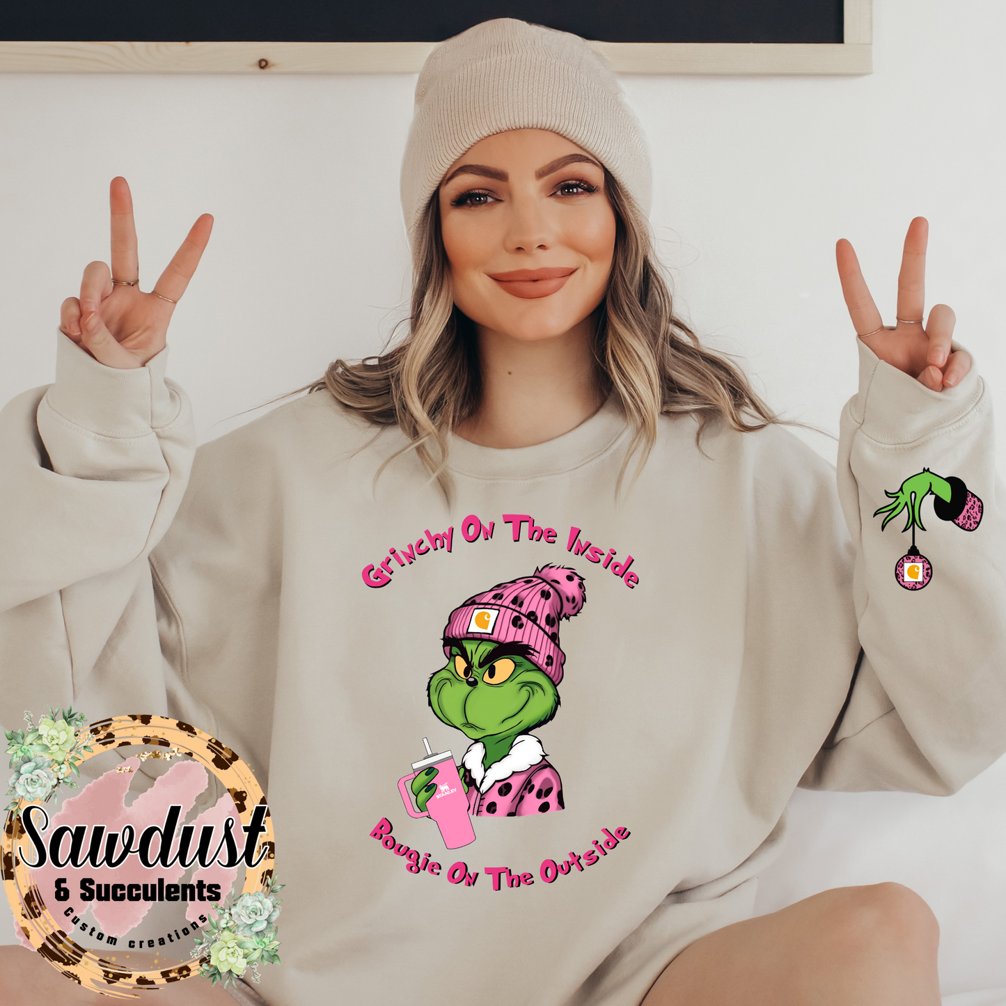 Grinch Beanie Grinchy on the the inside Graphic Crew Sweater