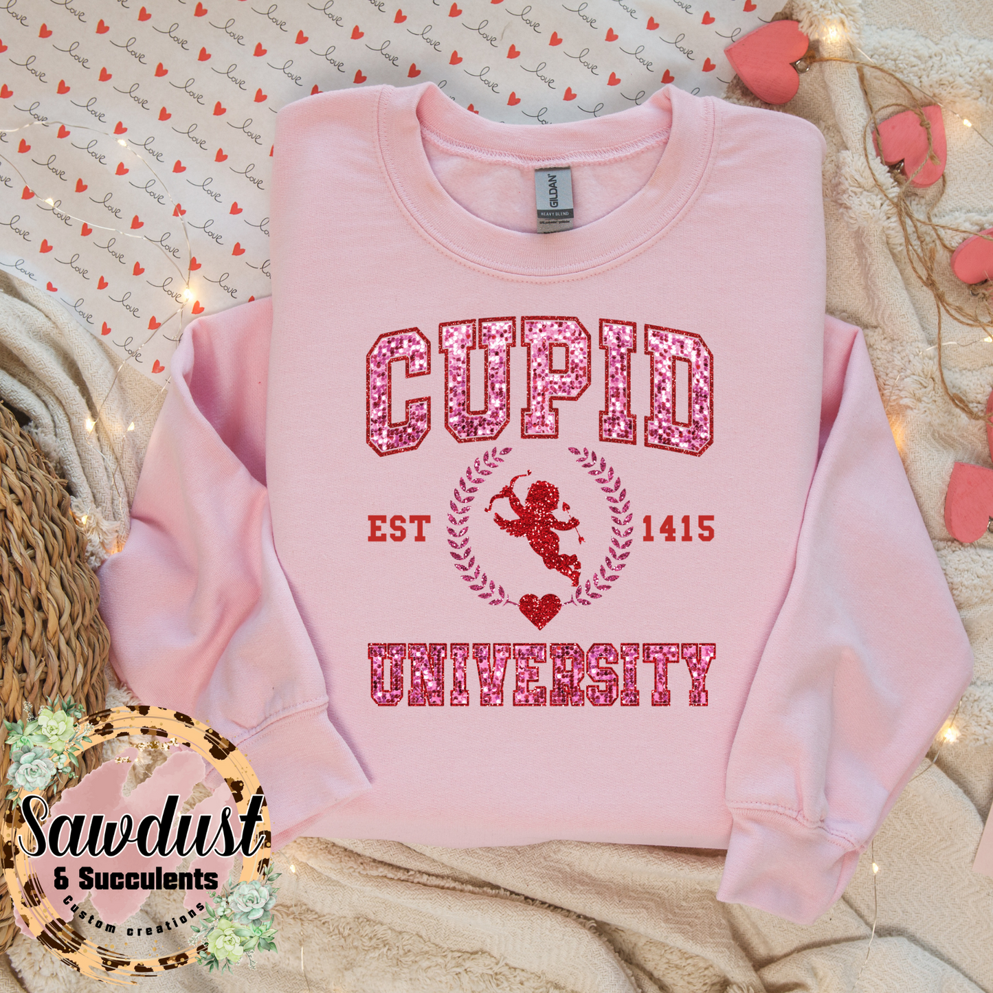 Faux Sequin Cupid University Graphic Crew Sweater