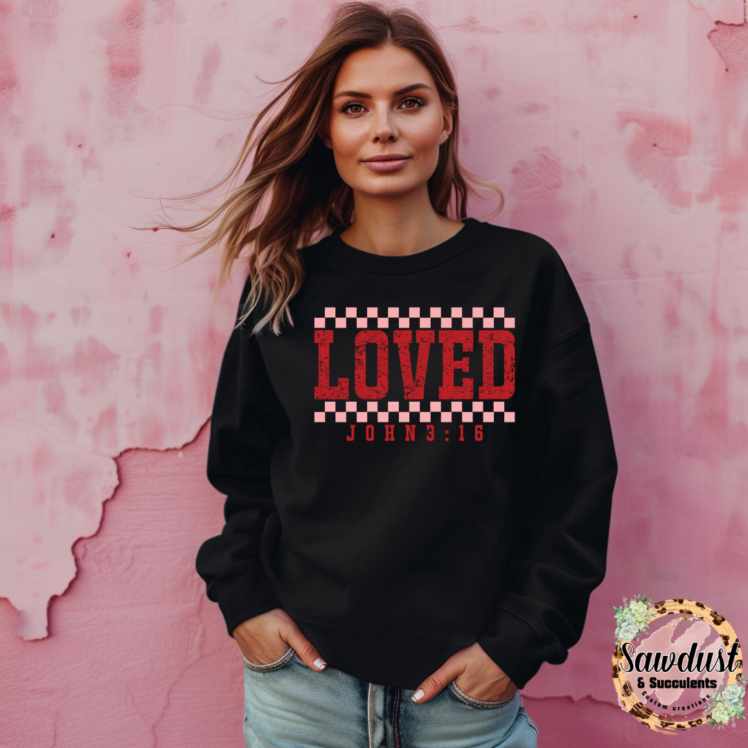 Checkered Loved John 3:16 Graphic Crew Sweater
