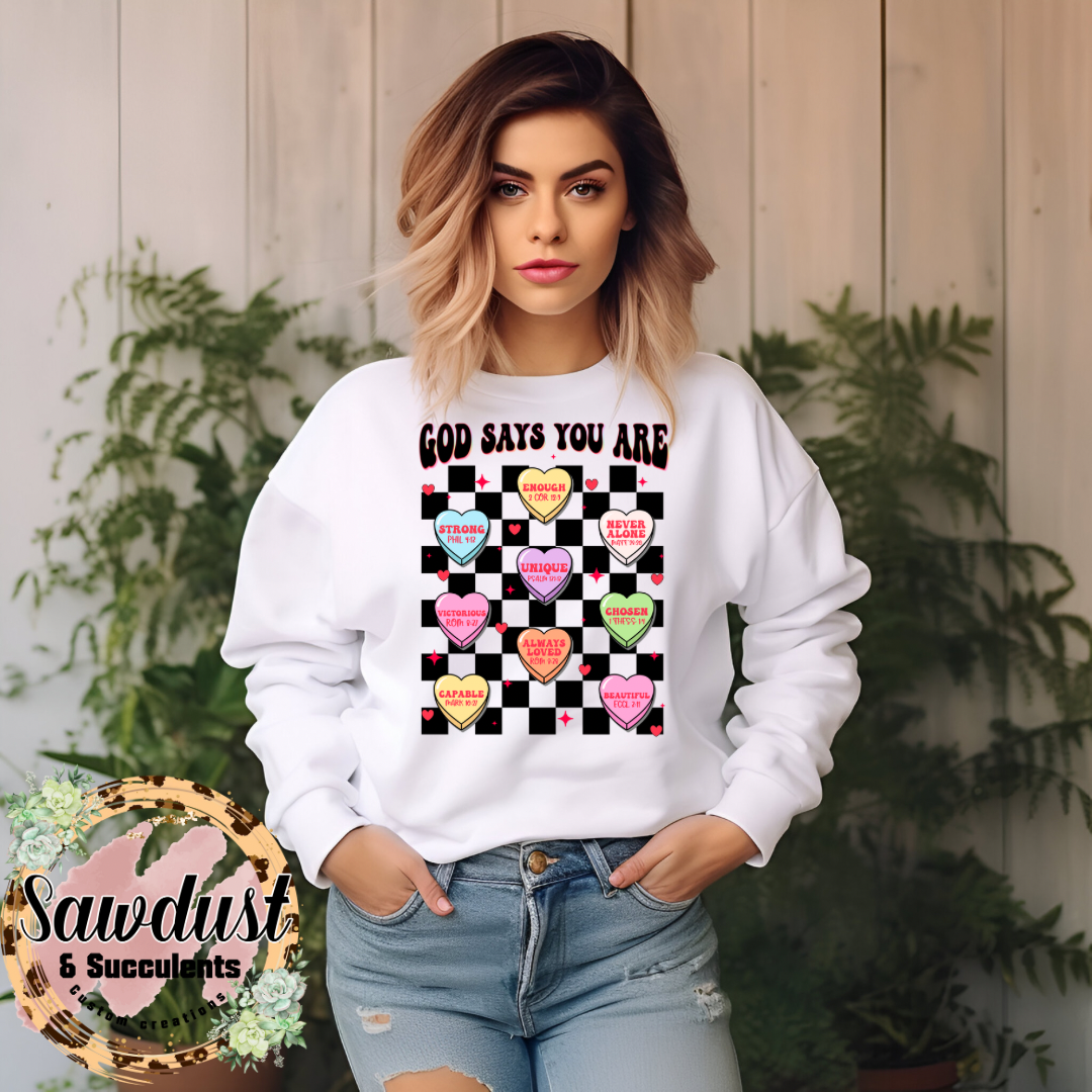 God Says You Are Conversation Heart Valentines Graphic Crew Sweater