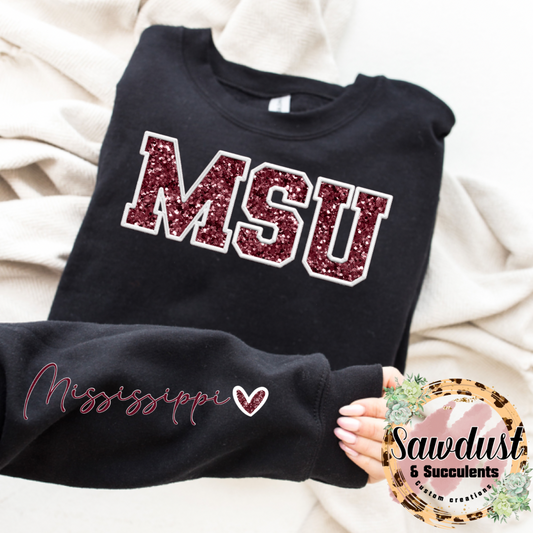 Mississippi State University MSU FAUX Embroidery Sequin Crew Spirit Wear
