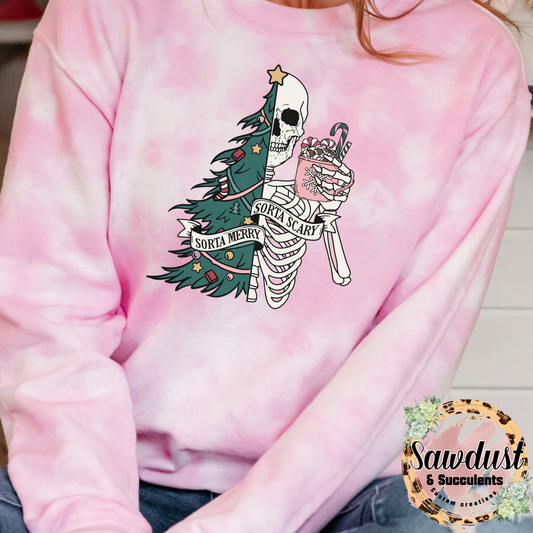 Sorta Merry Sorta Scary Pink Tie-Dye Graphic Crew Sweater