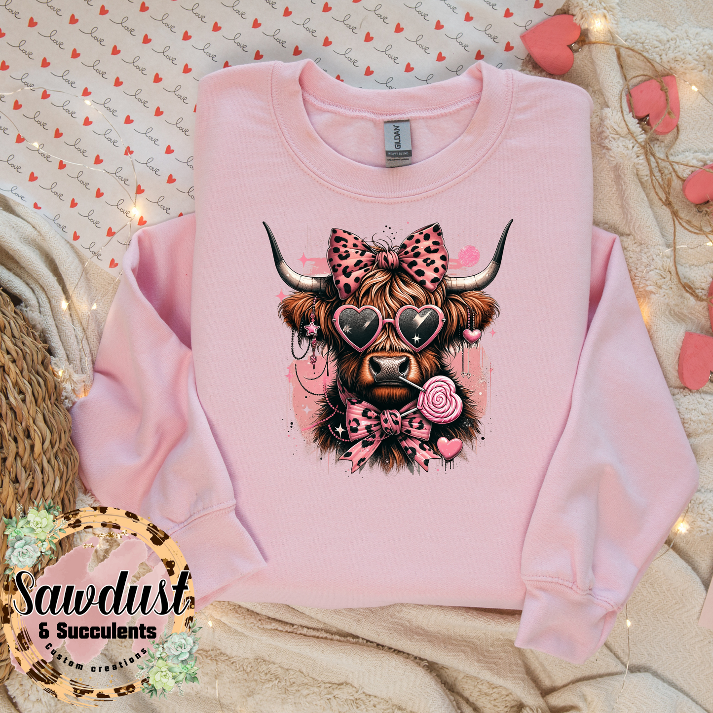 Pink Leopard Valentine Cow Graphic Crew Sweater