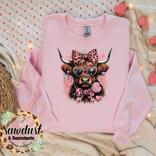 Pink Leopard Valentine Cow Graphic Crew Sweater