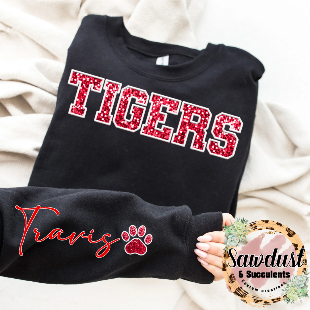 Travis High School Tigers FAUX Embroidery FAUX Glitter Spirit Wear