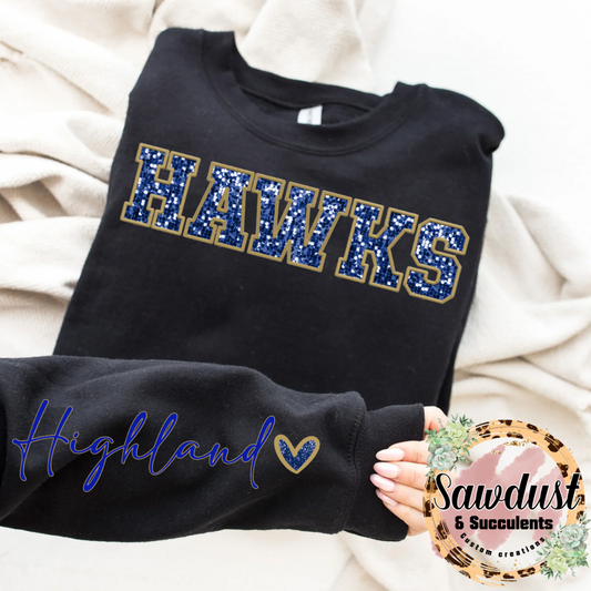 Highland Hawks FAUX Embroidery FAUX Sequin Spirit Wear