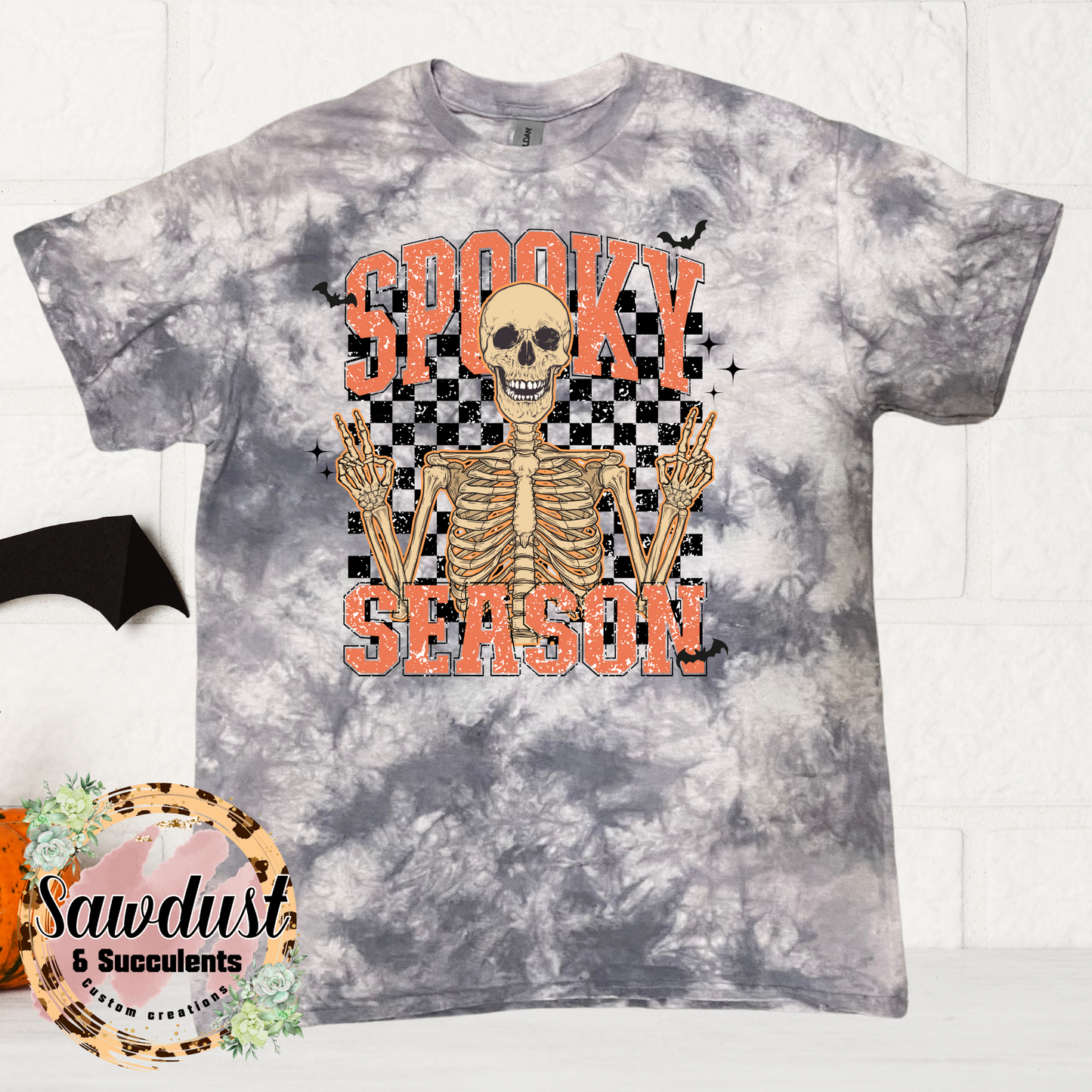 Spooky Season Checkered Grey Tie-Dye Graphic Tee
