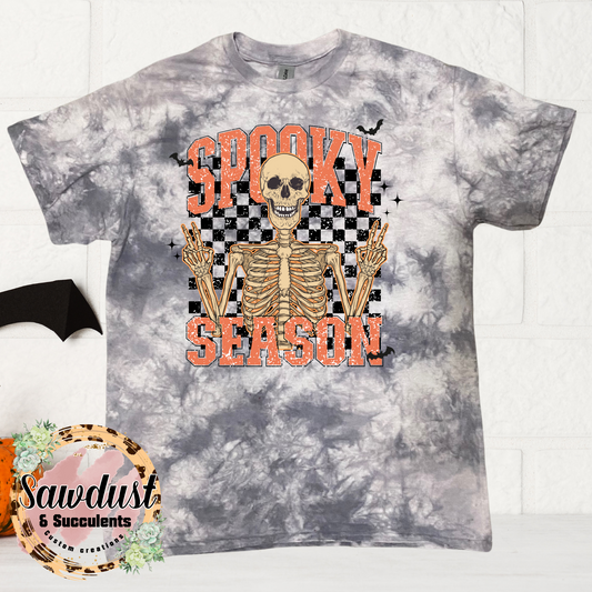 Spooky Season Checkered Grey Tie-Dye Graphic Tee