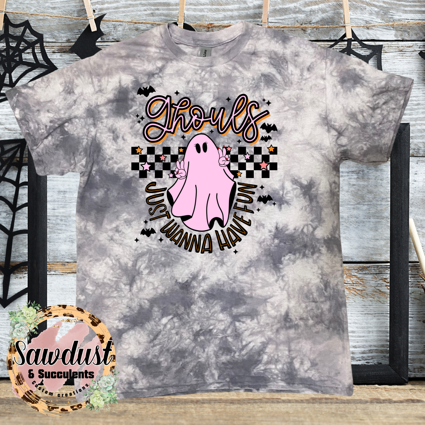 Ghouls just wanna have fun Checkered Grey Tie-Dye Graphic Tee