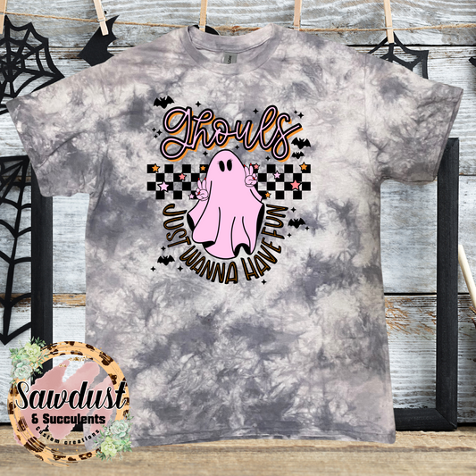 Ghouls just wanna have fun Checkered Grey Tie-Dye Graphic Tee