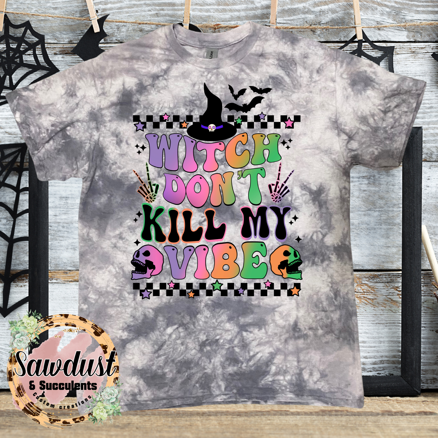 Witch don’t kill my vibe  Grey Tie-Dye Graphic Tee