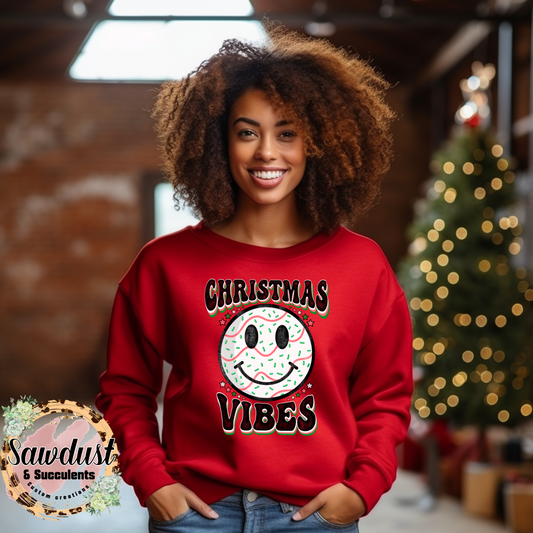 Christmas Vibes Christmas Cake Smiley Graphic Crew Sweater