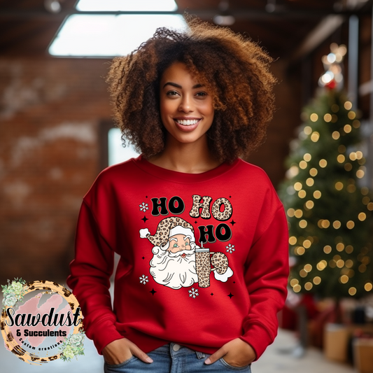 Leopard Santa with Stanley Cup Graphic Crew Sweater