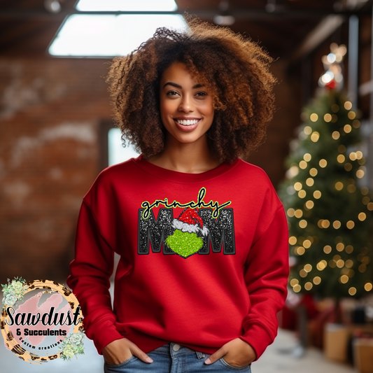 Faux Sequins Grinchy MoM Graphic Crew Sweater