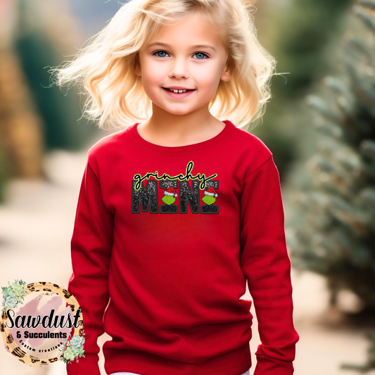 Youth Faux Sequins Grinchy Mini Graphic Crew Sweater