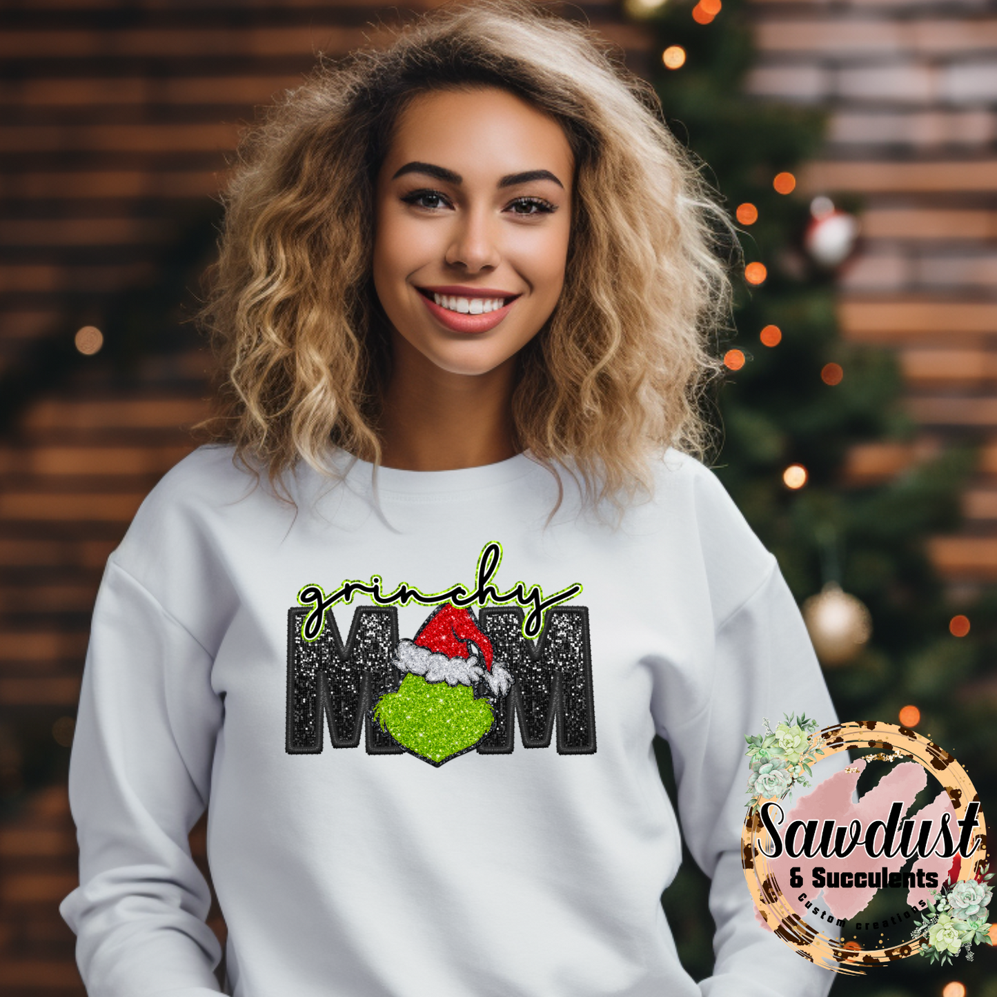 Faux Sequins Grinchy MoM Graphic Crew Sweater