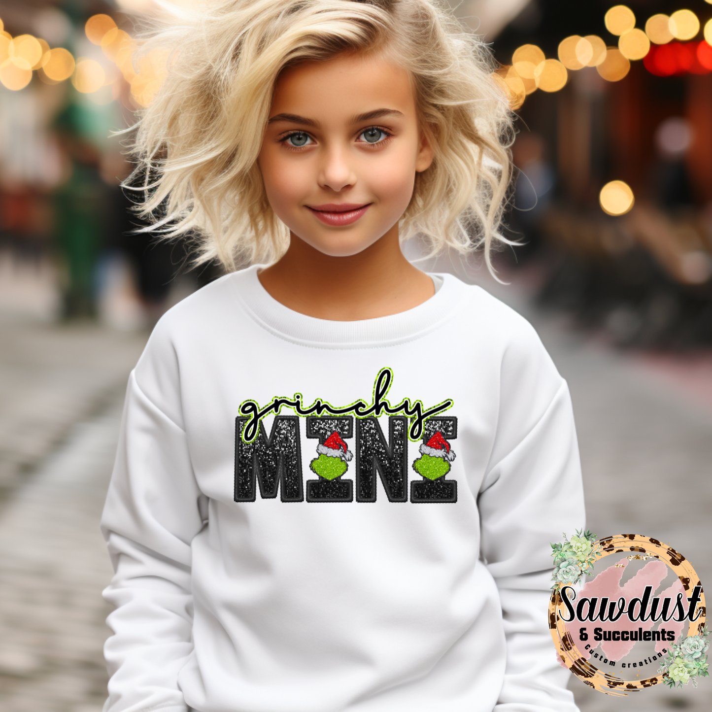 Youth Faux Sequins Grinchy Mini Graphic Crew Sweater