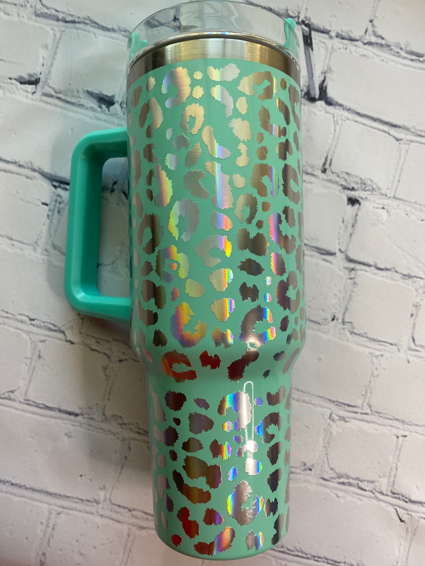 Leopard holographic 40 ounce Tumblr with handle