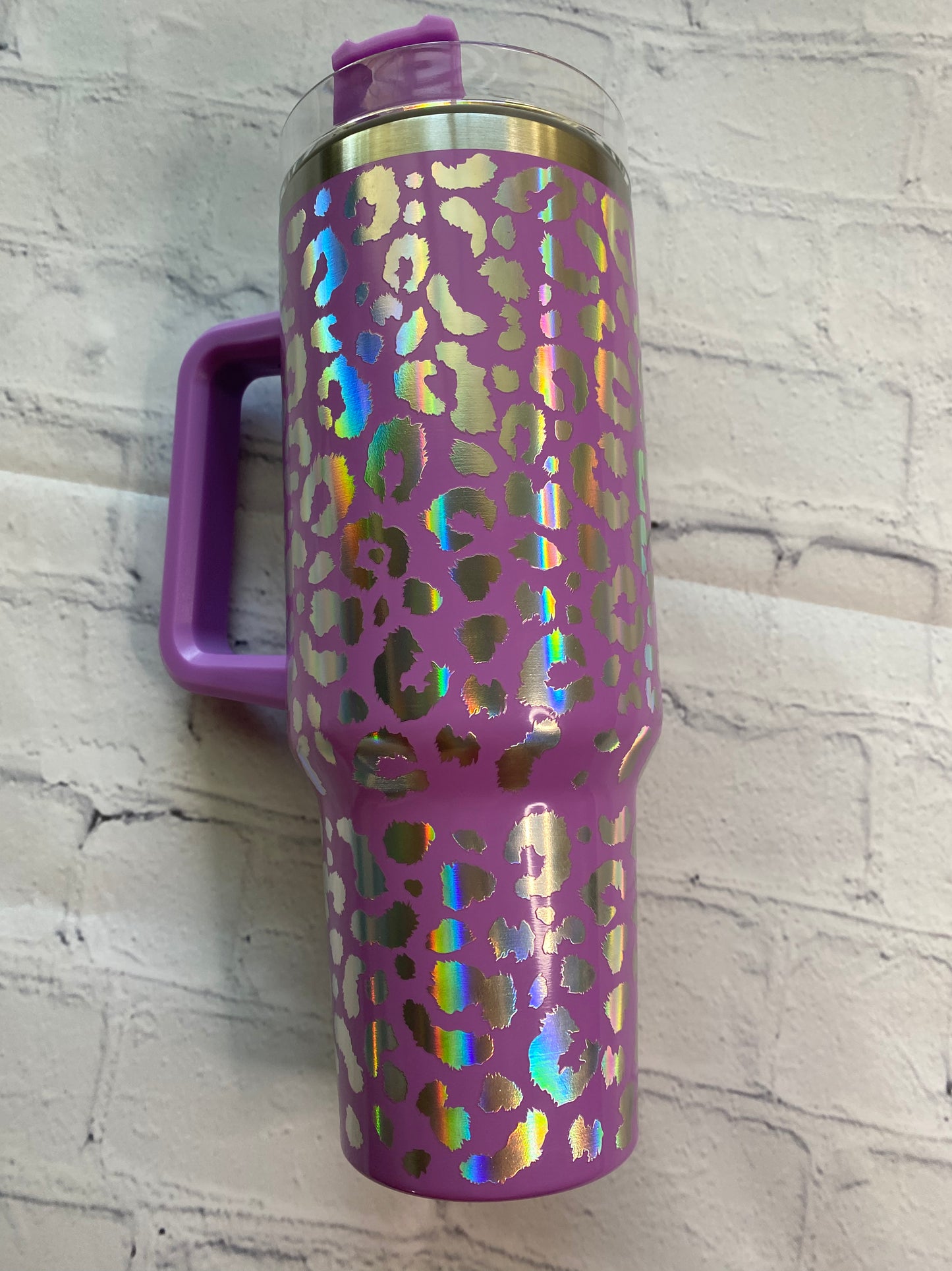 Leopard holographic 40 ounce Tumblr with handle