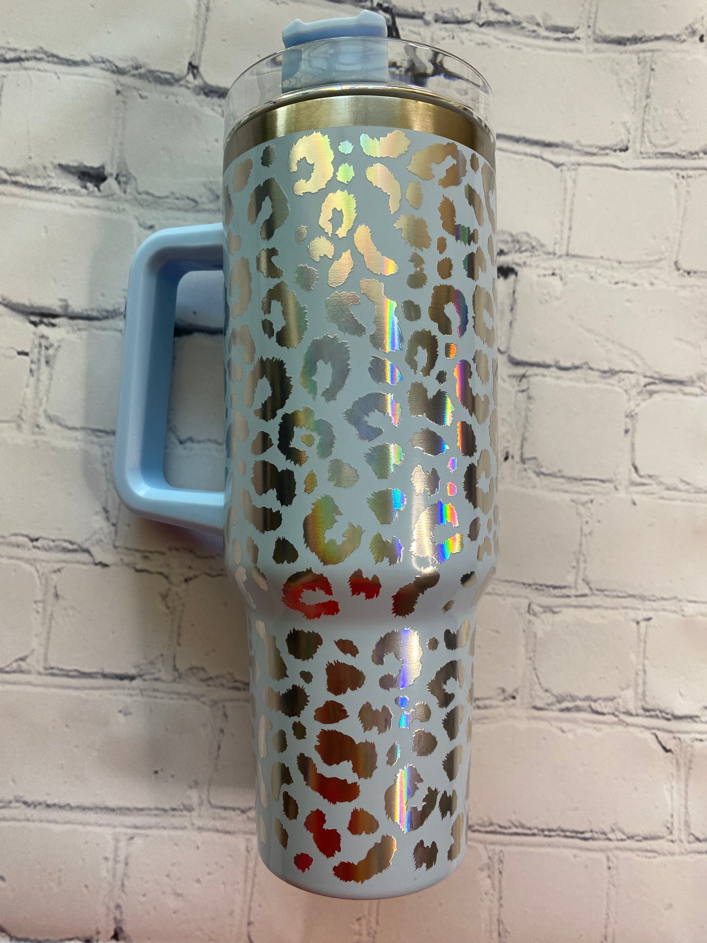 Leopard holographic 40 ounce Tumblr with handle