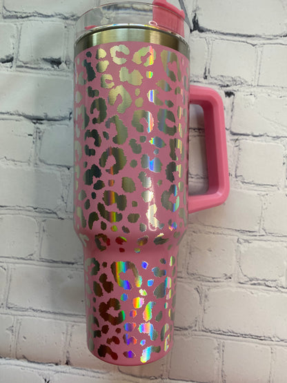 Leopard holographic 40 ounce Tumblr with handle