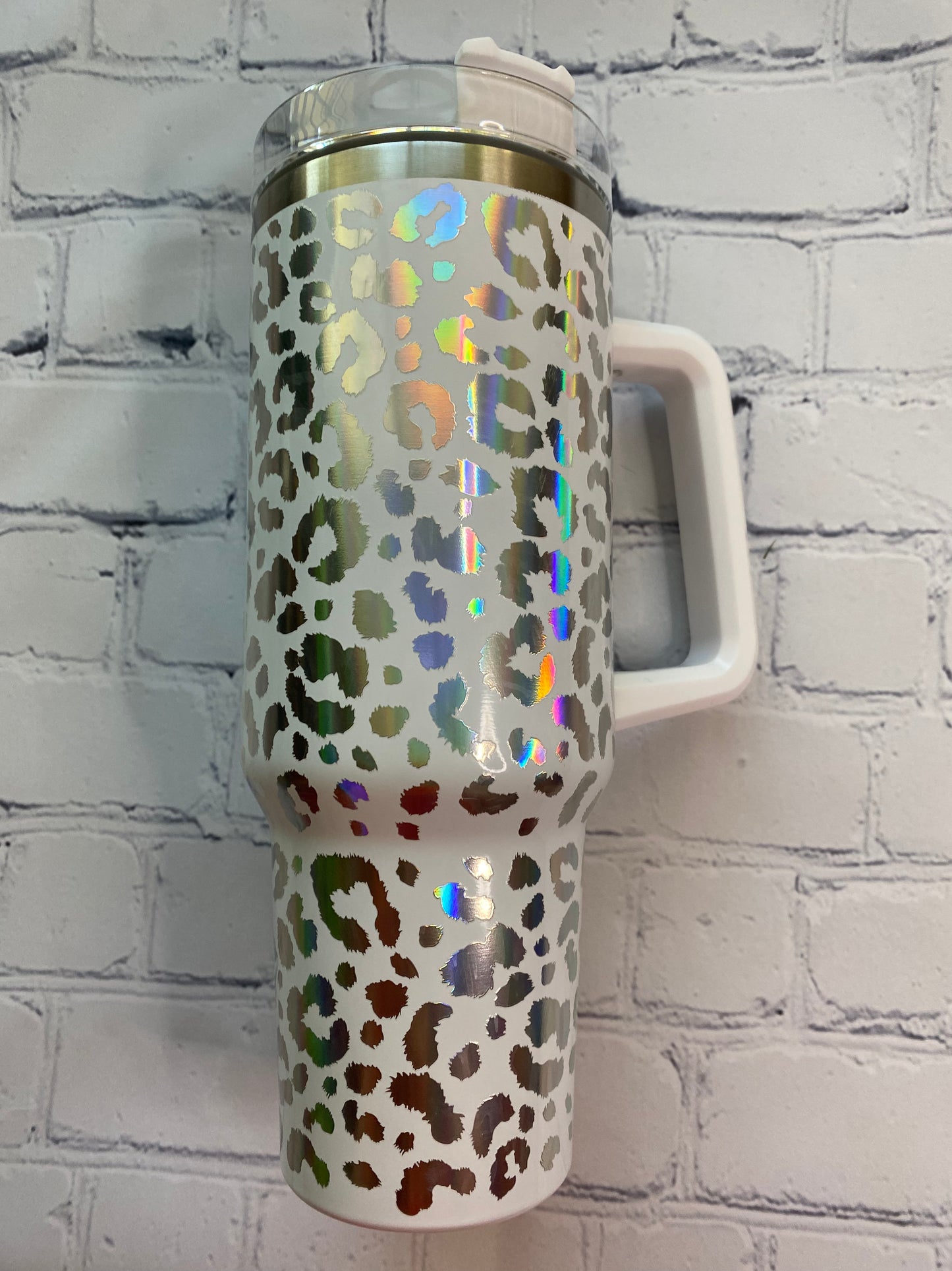 Leopard holographic 40 ounce Tumblr with handle