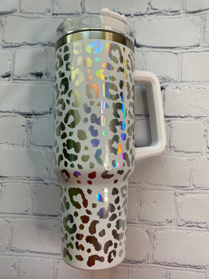 Leopard holographic 40 ounce Tumblr with handle
