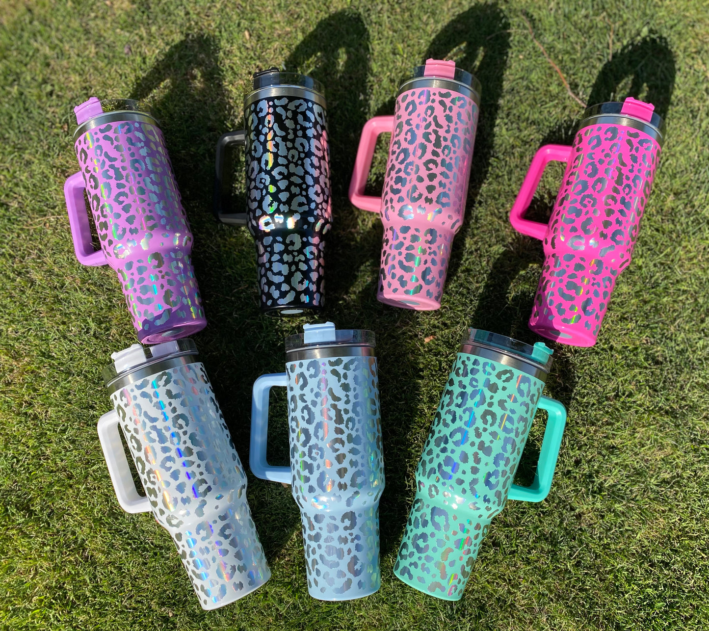 Leopard holographic 40 ounce Tumblr with handle