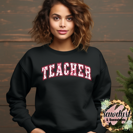 Pink Christmas Teacher Graphic Crew Sweater