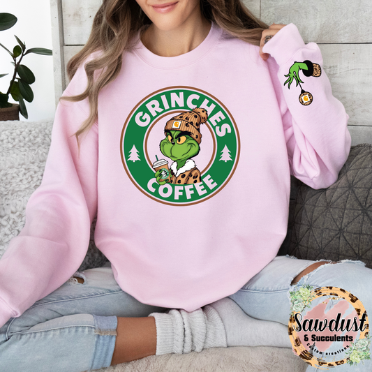 Grinch Beanie Tan Leopard GC Graphic Crew Sweater With matching Sleeve