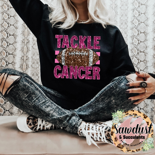 Tackle Cancer FAUX flat sequin Football Graphic Crew Sweater
