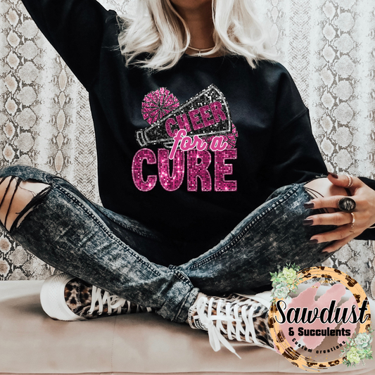 Cheer For A Cure FAUX flat sequin Graphic Crew Sweater