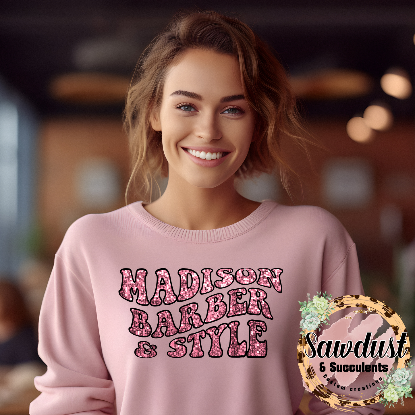 Custom Pink FAUX *NOT REAL SEQUIN* Sequin Madison Barber & Style Crew Sweater
