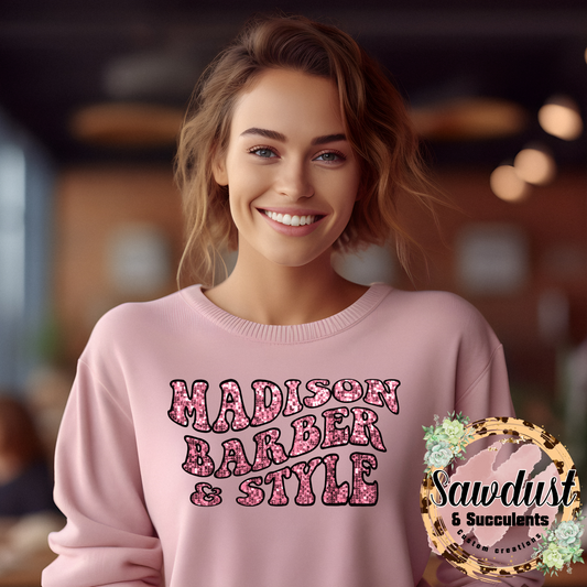 Custom Pink FAUX *NOT REAL SEQUIN* Sequin Madison Barber & Style Crew Sweater
