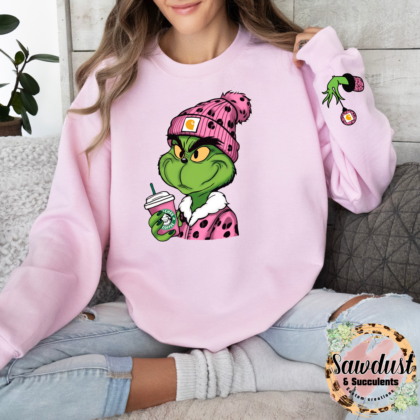 Grinch Beanie Grinches Coffee Graphic Crew Sweater With match Sleeve