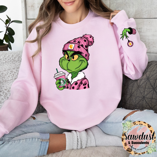 Grinch Beanie Grinches Coffee Graphic Crew Sweater With match Sleeve