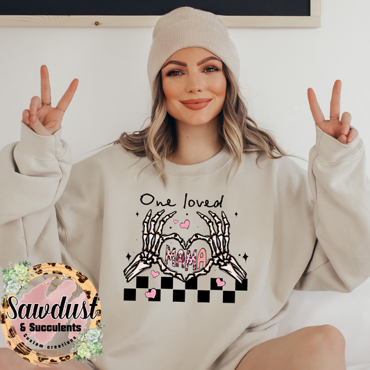 skeleton hand One Loved Mama Valentine Graphic Crew Sweater