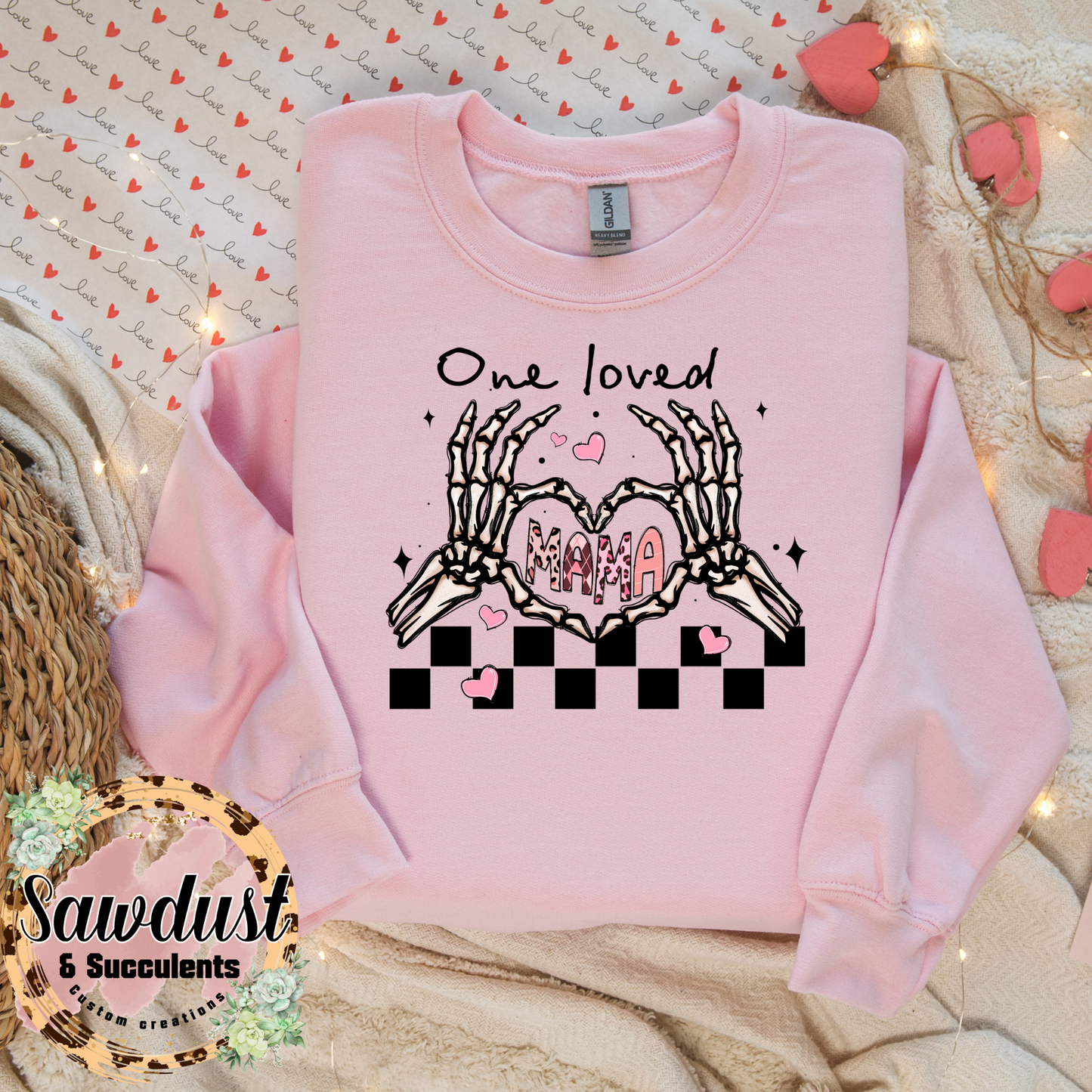 skeleton hand One Loved Mama Valentine Graphic Crew Sweater