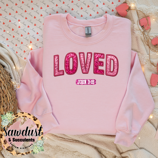 Loved  Faux Sequin John 3:16 Graphic Crew Sweater