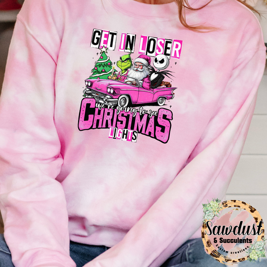 Get in loser we’re going to see Christmas Lights Pink Tie-Dye Graphic Crew Sweater